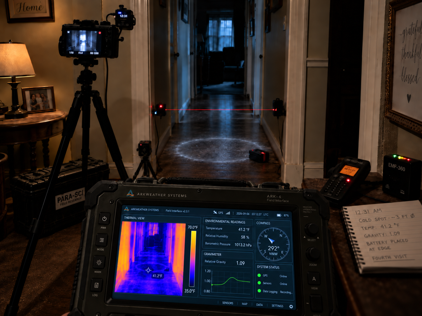 ARK-4 field image from Jamie's fourth visit showing the hallway cold spot, thermal circle, and gravimeter interface