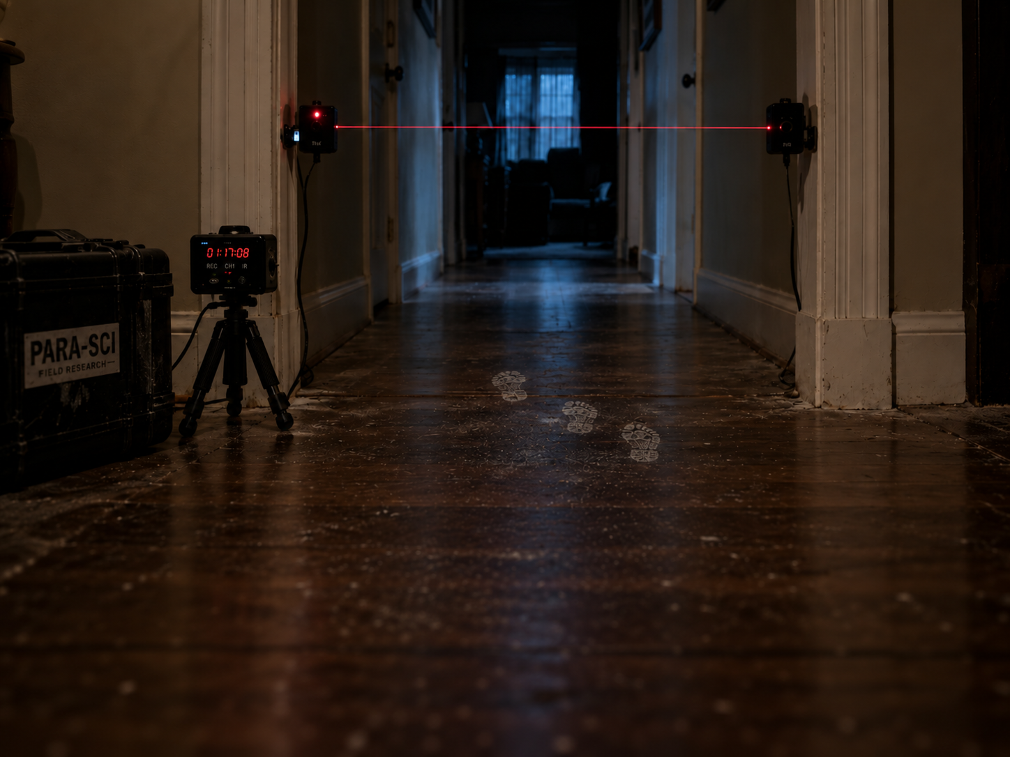 IR break-beam crossing the hallway beside three child-sized shoeprints