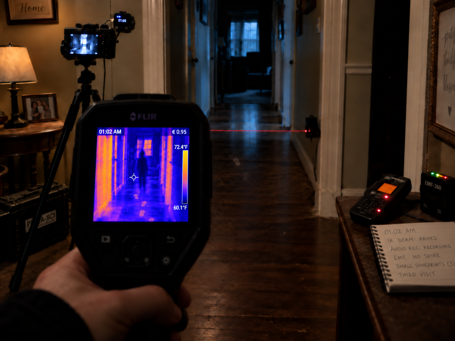Thermal camera view of the same hallway during the third visit