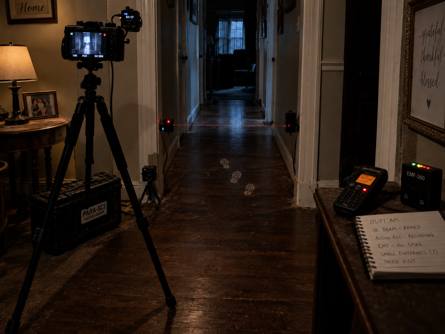 Third-visit hallway investigation setup with a three-legged camera tripod, IR beam, and three small shoeprints